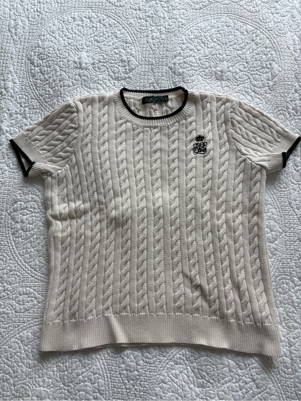 Lauren Ralph Lauren Cream Cable-Knit Short-Sleeve Sweater with Black Trim